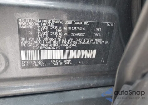 2019 Toyota Rav4 Xle из США, поврежденный, VIN 2T3P1RFV7KC007112